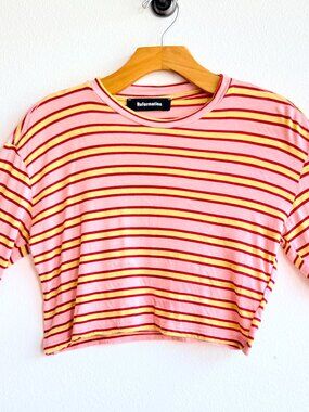 Reformation Striped Crop Top XS y2k Long Sleeve Coral Pink Yellow